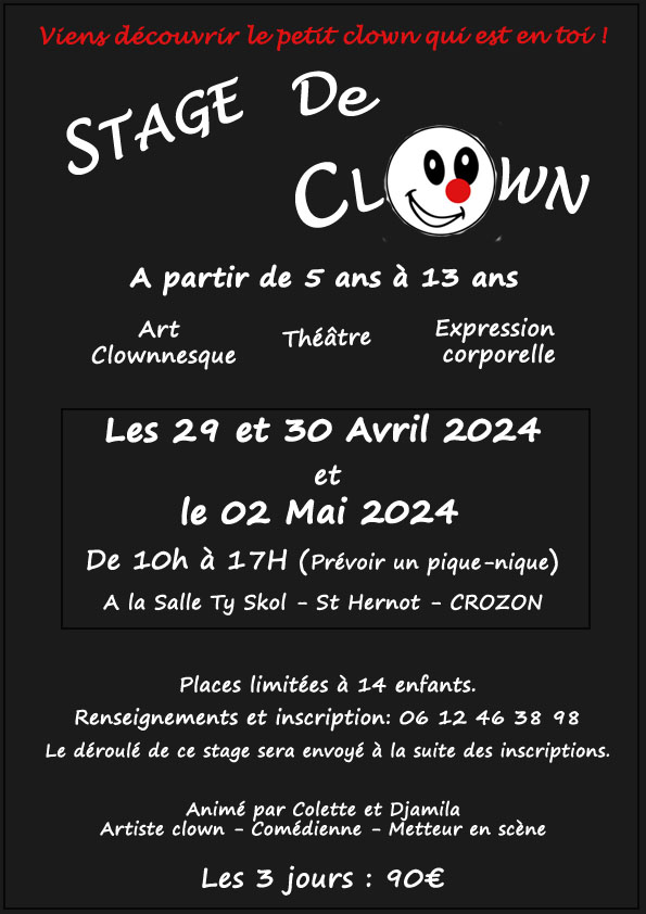 Stage enfants « Clown et Corps » A partir de 5 ans et jusqu'à 13 ans. Places limitées à 14 enfants.