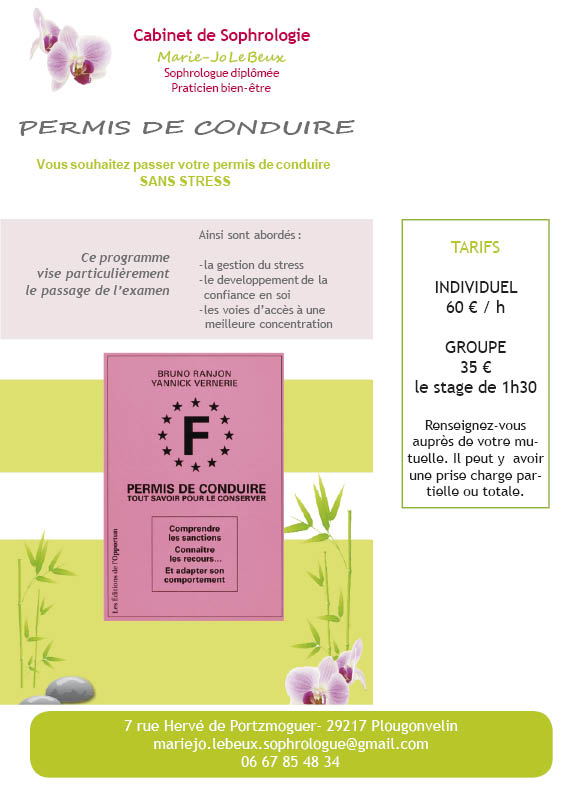 Préparation PERMIS DE CONDUIRE Marie Jo Le Beux Sophrologue Plougonvelin